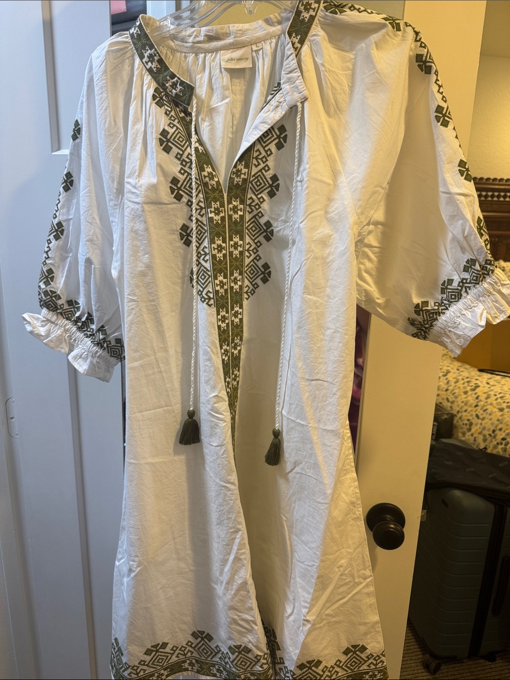 Julia Amory White Embroidered Tunic Dress with Olive Geometric Trim and belt